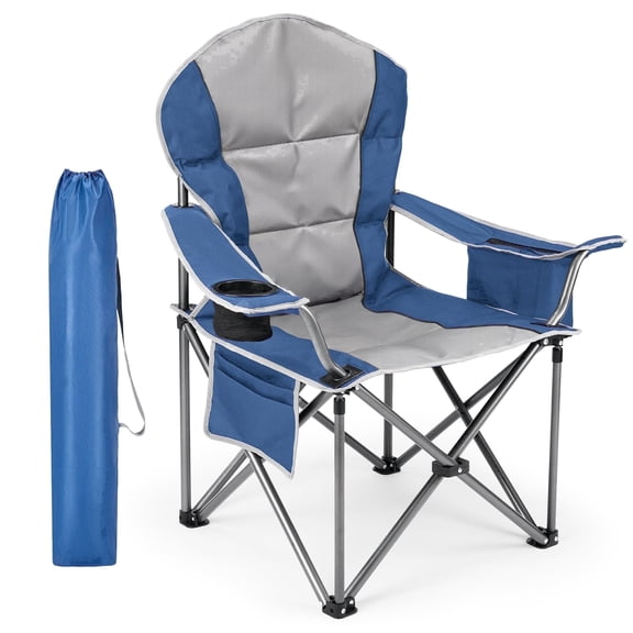 EDX Oversized Camping Folding Chair, Heavy Duty Padded Chair with Cup Holder Storage and Cooler Bag, 500 lbs Steel Frame, Portable for Outdoor,Blue Gray