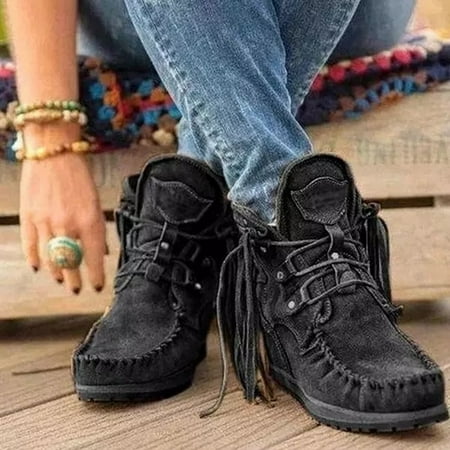 

Women Thick-Sole Ankle Boots Winter Large Size Ankle Boots for Women Tassels Frenal Ankle Boots Women Square Toe Ankle Boots