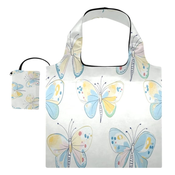 Foldable Reusable Tote Shoulder Bag - 18.1"x16.1" Grocery Bags Built-In Pouch & Card Slot for Travel, Shopping, Gifts Pink and Blue Butterfly