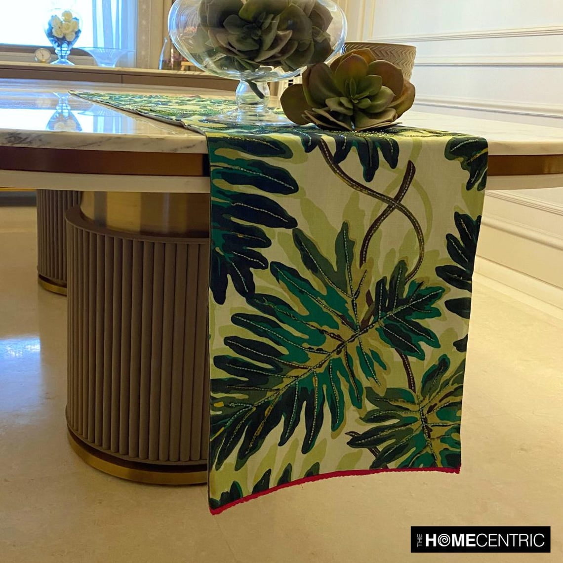 Tropical Printed Cotton Table Runner with Bead Embroidery and Lace Green Printed Cotton 14 x 72 inch long, Wedding Decor Table Linen Modern Table Runner - Tropically