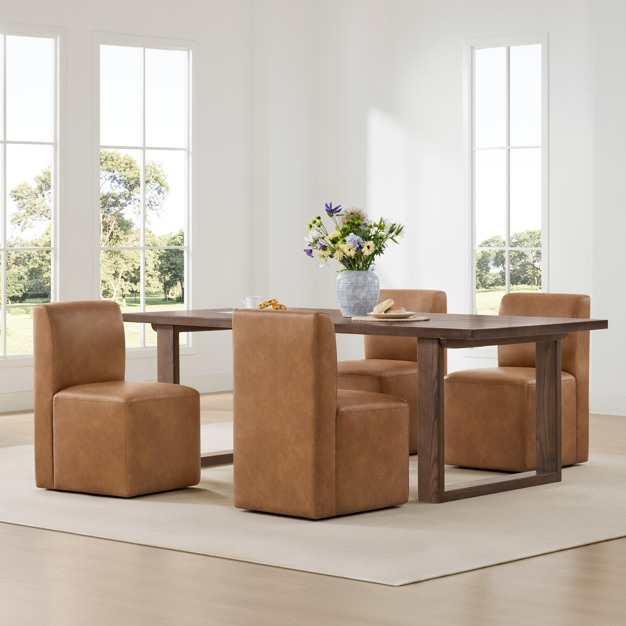 Spruce & Spring Upholstered Dining Chairs with Hidden Casters Set of 2, Cognac