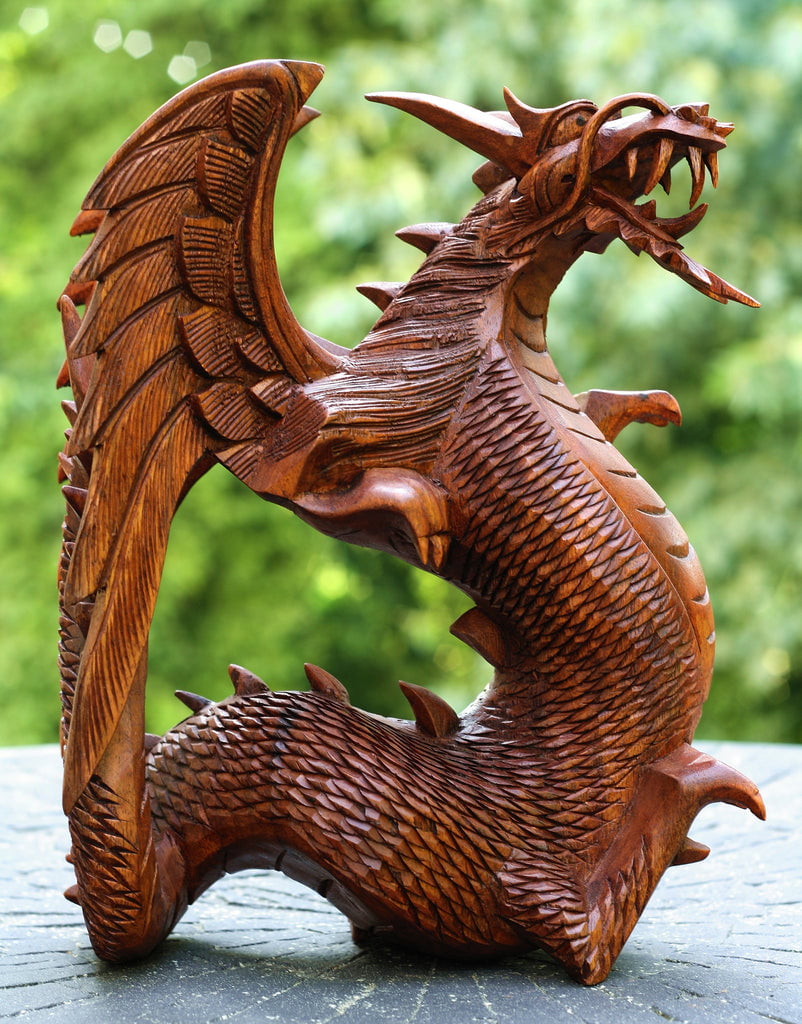 Wooden Dragon Handmade Sculpture Statue Handcrafted Gift Art Decorative Home  Decor Figurine Accent Decoration Artwork Hand Carved Size: 12 tall x 10  wide x 5 deep 