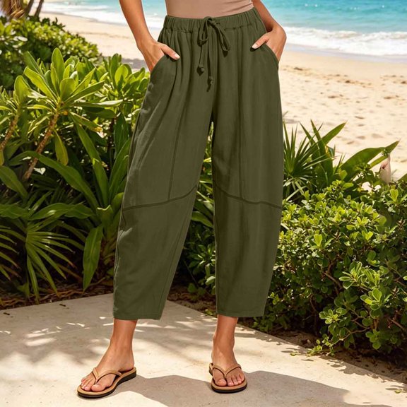 Ayolanni Solid Pants for Women Casual Flowy Elastic Waist Jogger Pants Straight Boho Green Drawstring Loose Trousers with Pockets L