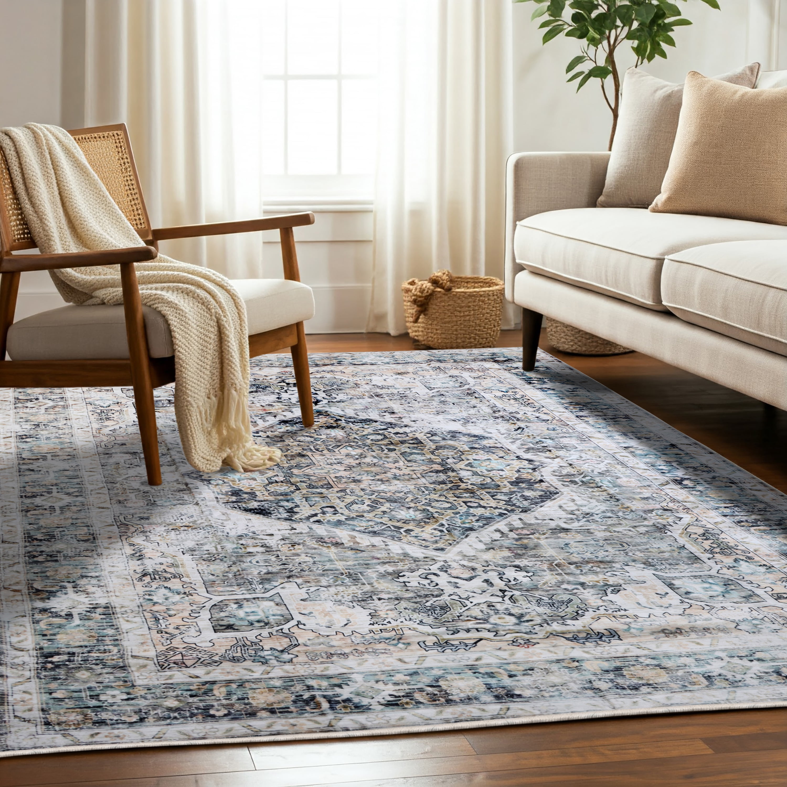 Delara 5'x7' Machine Washable Area Rug, Soft & Durable, Non-Slip, Stain Resistant, Antique Mist, for Bedroom, Living & Dining Room