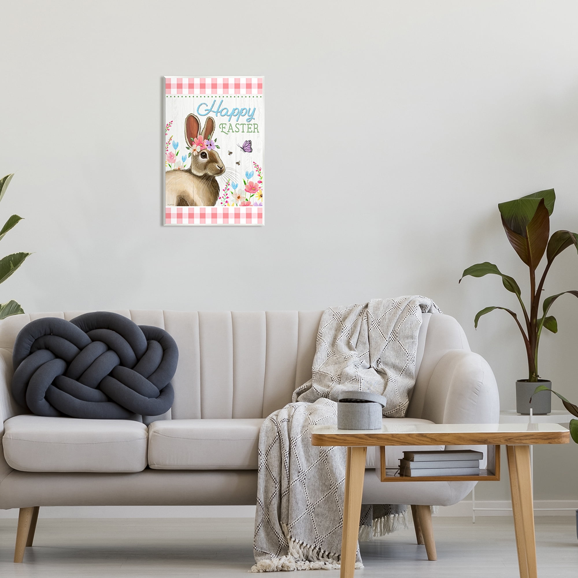 Stupell Happy Easter Floral Gingham Rabbit Holiday Painting Wall Plaque Unframed Art Print Wall Art