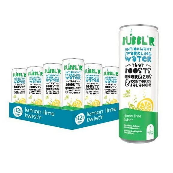 BUBBL'R lemon lime twist'r, Antioxidant Sparkling Water with Natural Caffeine, 0g Sugar, Gluten Free, All Natural Flavors, 12 Fl Oz Cans, 12 Count