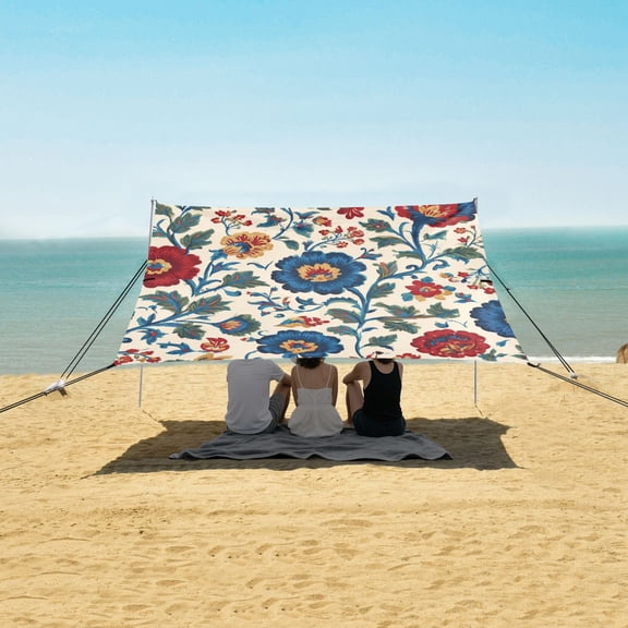 Portable Beach Tent Sun Shelter With Ground Pegs Water And Wind Resistant Sun Shade Canopy Angle Adjustable Stylized Flowers & Ornate Scrollwork