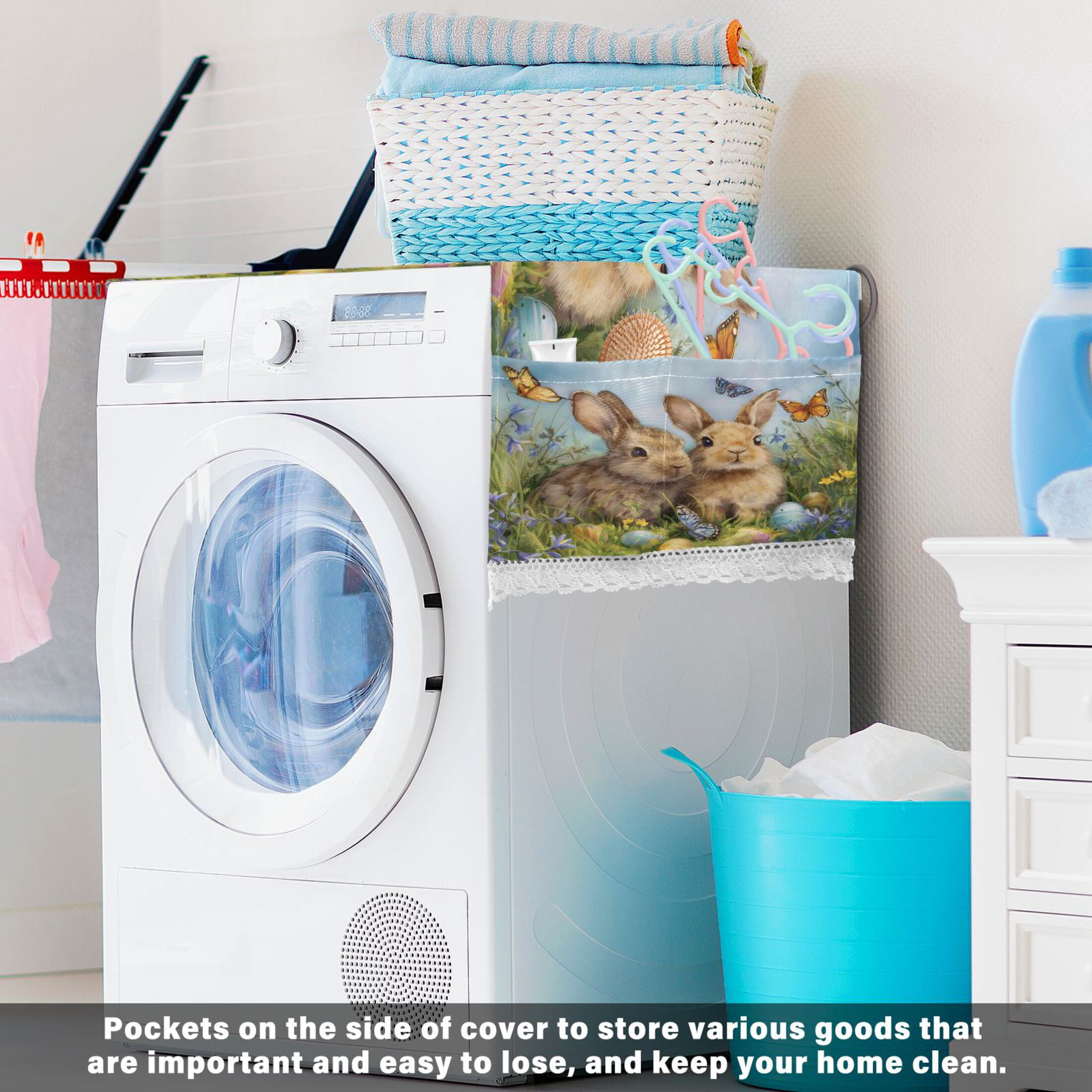 Wobogo Meadow Bunny Washing Machine Cover Dustproof Washer Dryer Cover Waterproof Laundry Room Decorative Protector