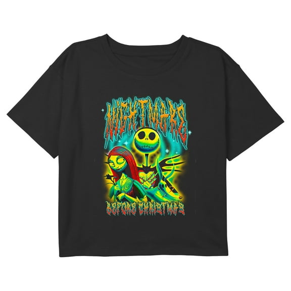 Girl's The Nightmare Before Christmas Jack and Sally Graffiti Graphic Cropped T-Shirt Black Medium
