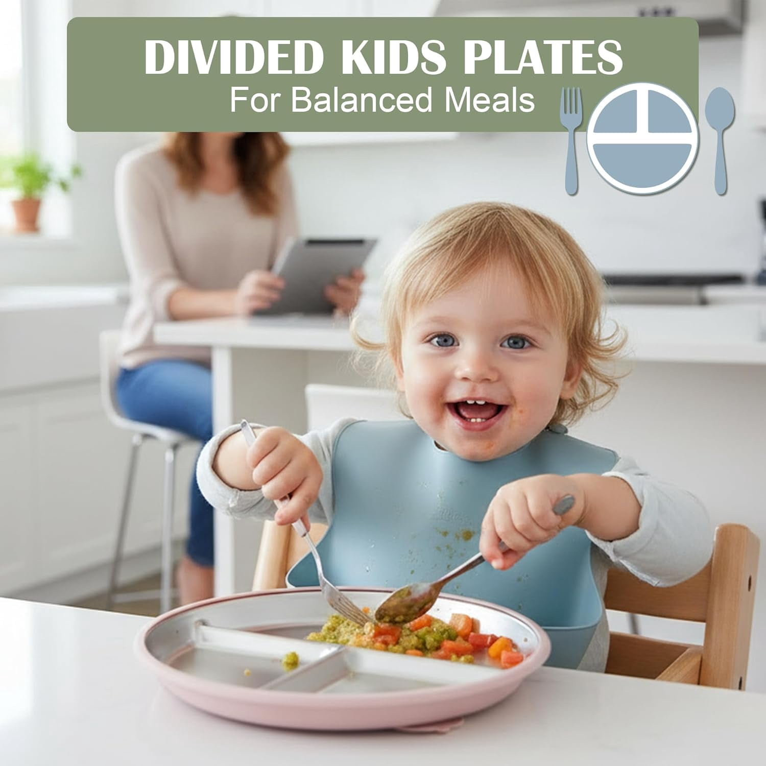 Stainlss Stl Toddlr Bowls and Plats with Suction Bundl, 4-Pack 9" Kids Plats and 4-Pack 5" Baby Bowls, Non-Slip & Unbrakabl, Dishwashr Saf