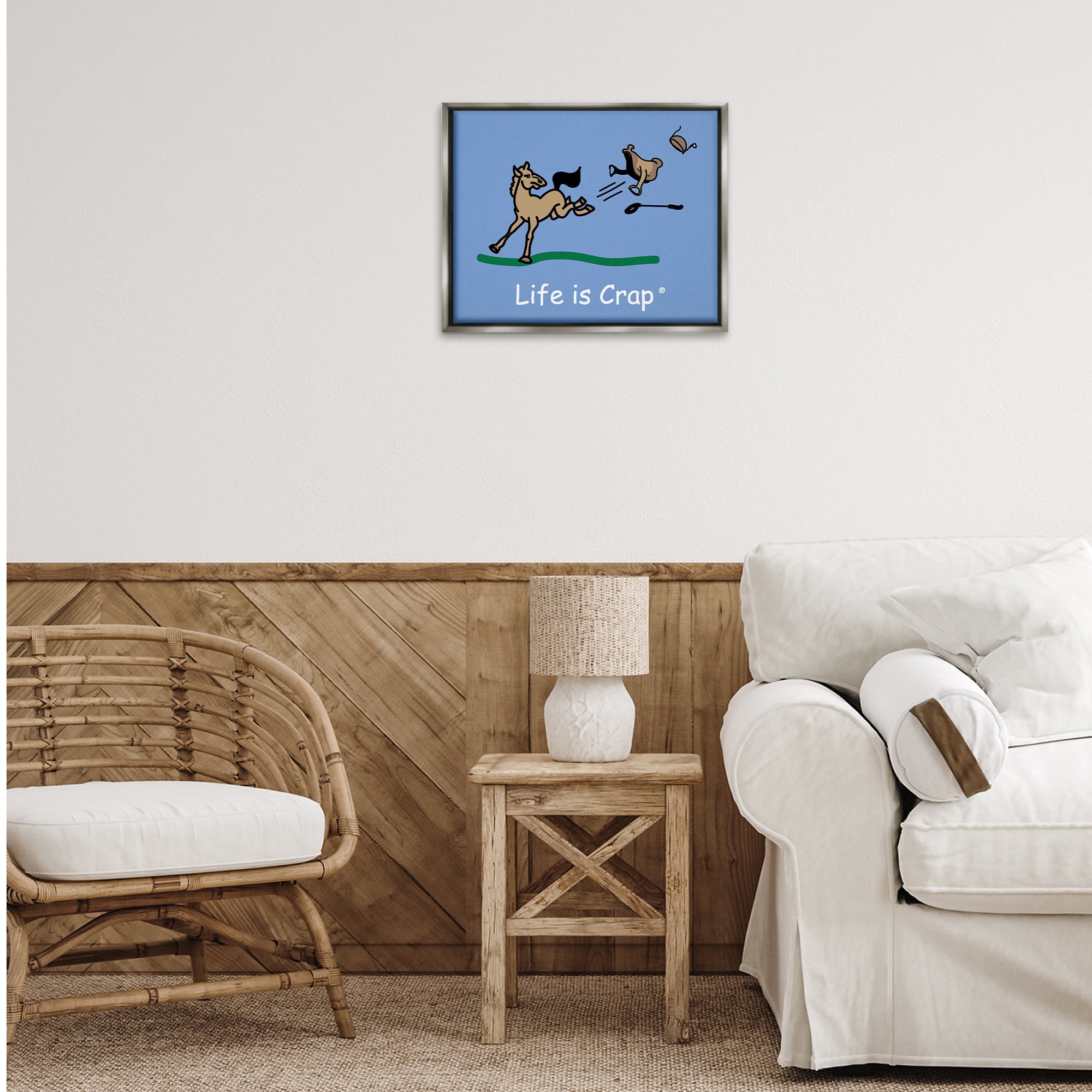 Stupell Industries Horse Kicking Saddle Novelty & Humor Painting Gray Floater Framed Canvas Art Print Wall Art, 21 x 17