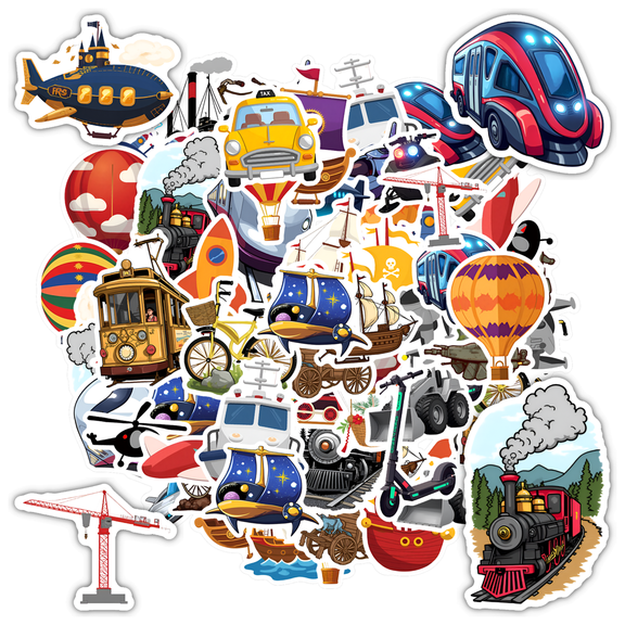 35pcs-50pcs Whimsical Vehicles Stickers Retro Transportation Decals Cartoon Aviation Stickers for Laptops Suitcases Notebooks