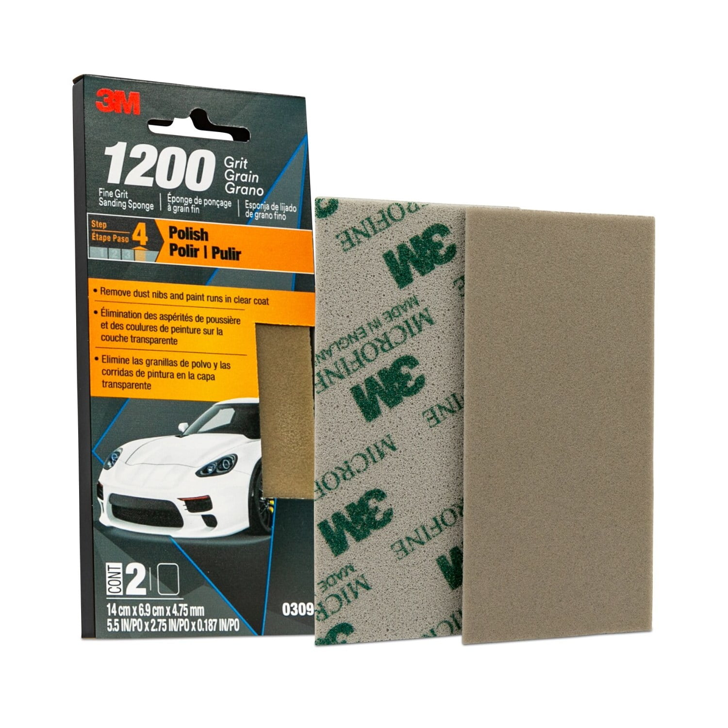 (2 pack) 3M Flexible Performance Microfine Sanding Sponge 1200 Grit, 5.5 in x 2.75 in x 0.187 in, 2-Pack