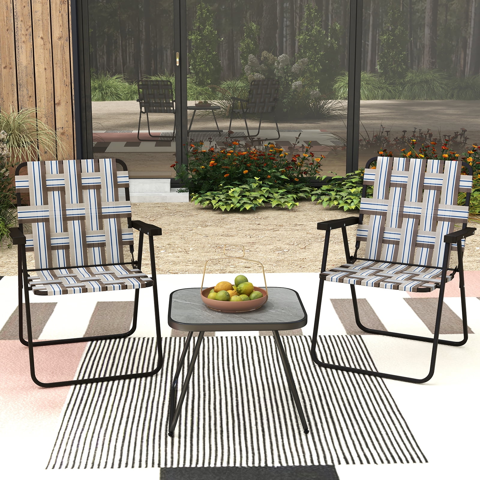 Topbuy Set of 2 Webbed Lawn Chairs, Outdoor Patio Folding Chairs w/ Heavy-Duty Metal Frame Lightweight Portable Web Camping Chairs Brown