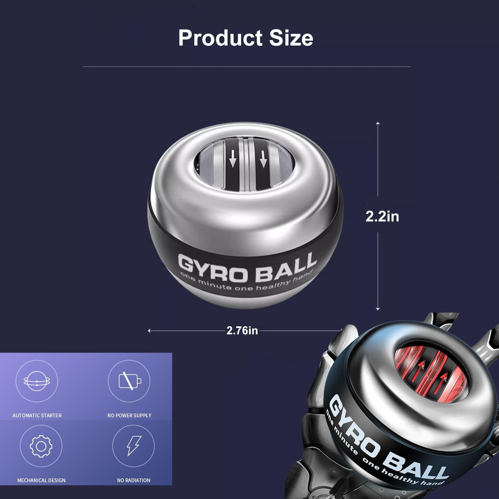 (2026 New 6-Level Color-Shifting) All-Metal Power Gyro Ball, Weighted Auto-Start Hand Wrist Forearm Trainer and Strengthener for Exercise Joint and Muscle with Led Light (with Ball Bag)