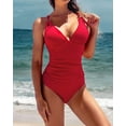 thumbnail image 3 of Charmo Women Ribbed One Piece Swimsuits V Neck Ruched Tummy Control Monokini Bathing Suit, 3 of 7