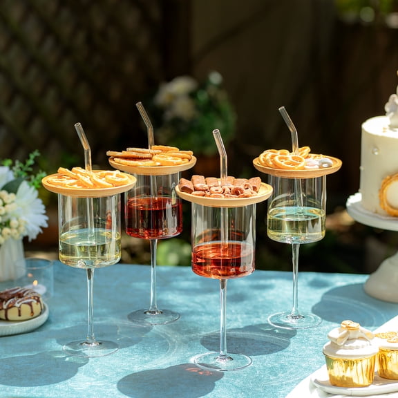 Nuptio Wine Glasses with Charcuterie Toppers -4PCS Wine Glasses Set with Straw and 4 Hole Bamboo Appetizer Plates for Bars Party Housewarming Wine Lover Gifts