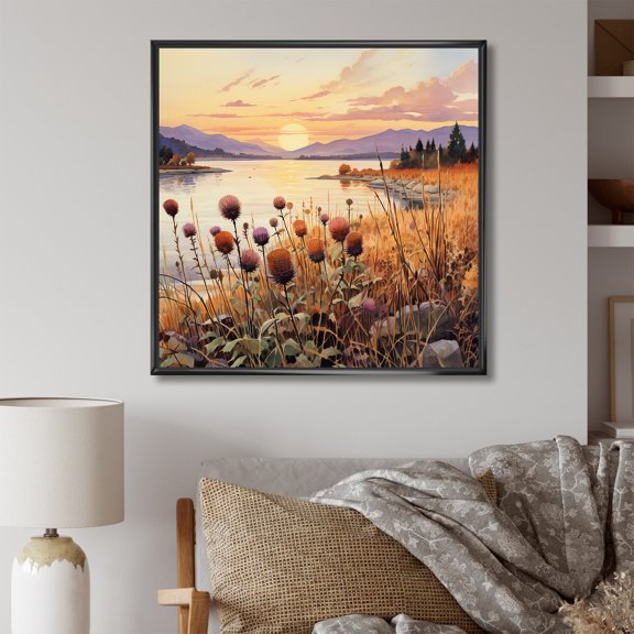 Designart "Sunset Meadow of Thistle Flowers" Floral Framed Wall Art - Brown Thistle Living Room Framed Canvas Art