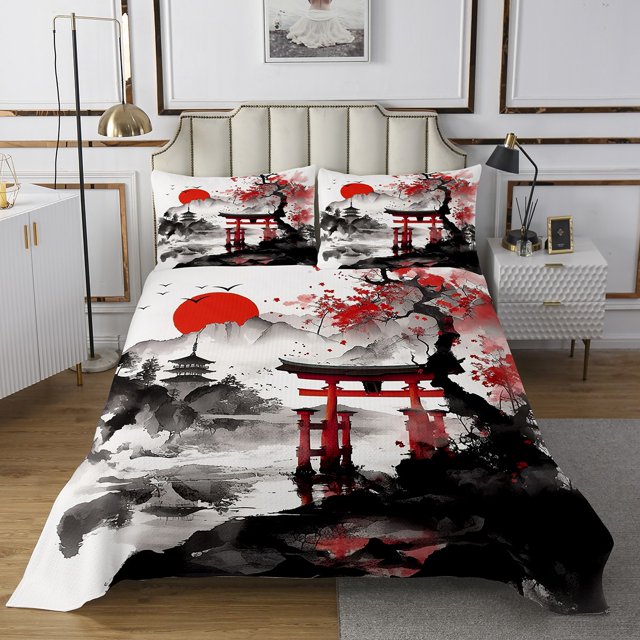 Erosebridal Japanese-Style Coverlet Set King, Red Maple Tree Bedding Set, Watercolor Ink Decor 3pcs