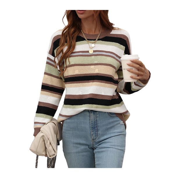 TRKIYQC Suéter informal para mujer, cuello redondo, manga larga, rayas en contraste, suéter suelto, suéter de punto TRKIYQC moda