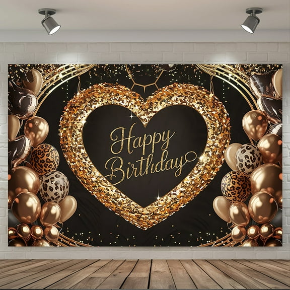 Leopard Happy Birthday Backdrop Golden Heart Woman Girl Birthday Party Photography Background Cheetah Golden Glitter Balloons Luxury Birthday Party Decorations Banner Supplies Photo Booth Props