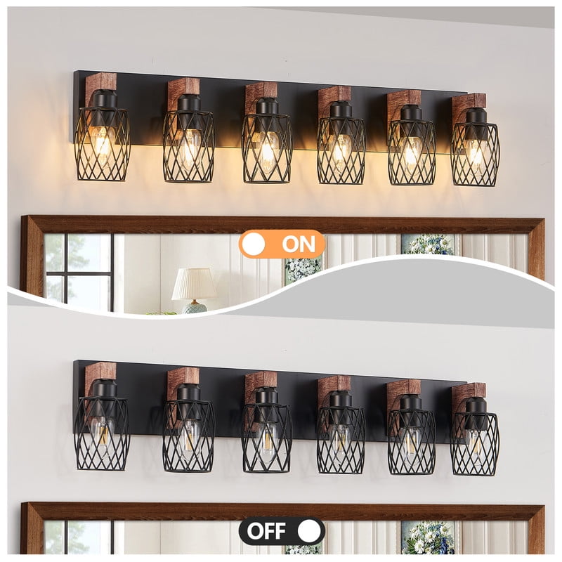 38" Industrial Vintage 6-Light Wall Sconce - Black Bathroom Vanity Light Fixture with Cage Shade & Wood Accents - E26 Lighting for Bathroom, Hallway, or Living Room (Bulb Not Included)