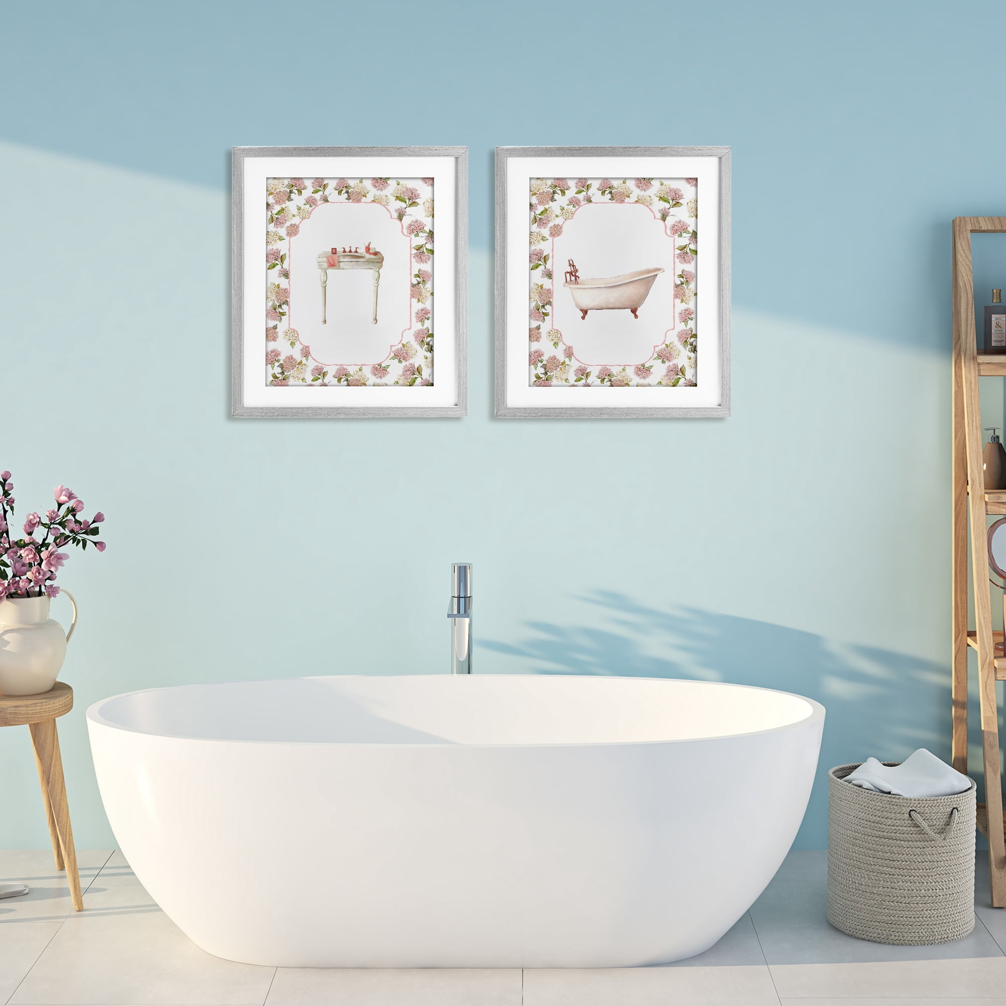 Stupell Industries Elegant Hydrangeas Bathroom 2 Piece Gray Framed Print Under Glass Set, design by Carol Robinson
