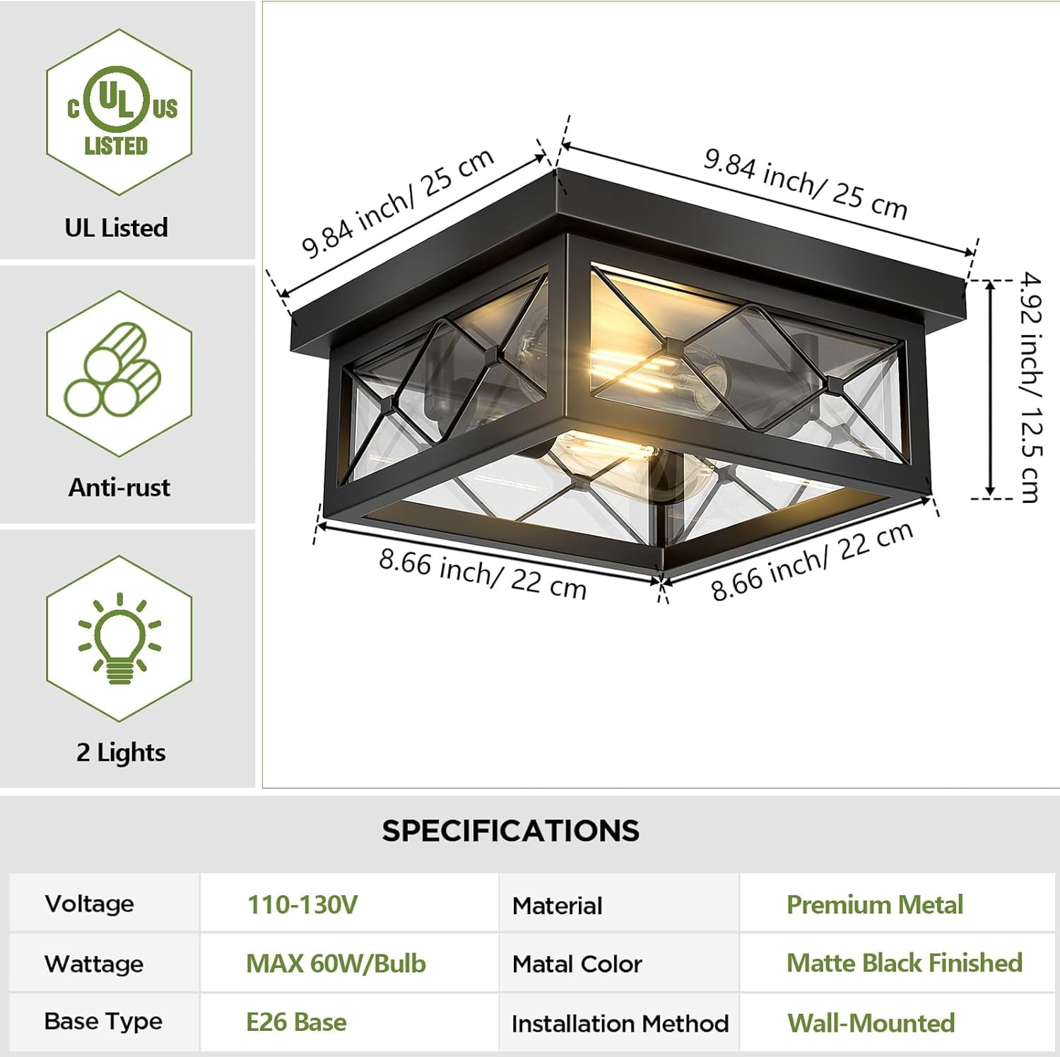 Farmhouse Light Fixtures Ceiling Mount 2-Light Black Flush Mount Ceiling Light with Clear Glass Shade Metal Cage Square Ceiling Lamp for Bathroom Kitchen Porch (Bulbs Not Included)