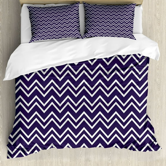 Ambesonne Nautical Duvet Cover Set, Zig Zag Modern Pattern, Queen, Dark Purple White