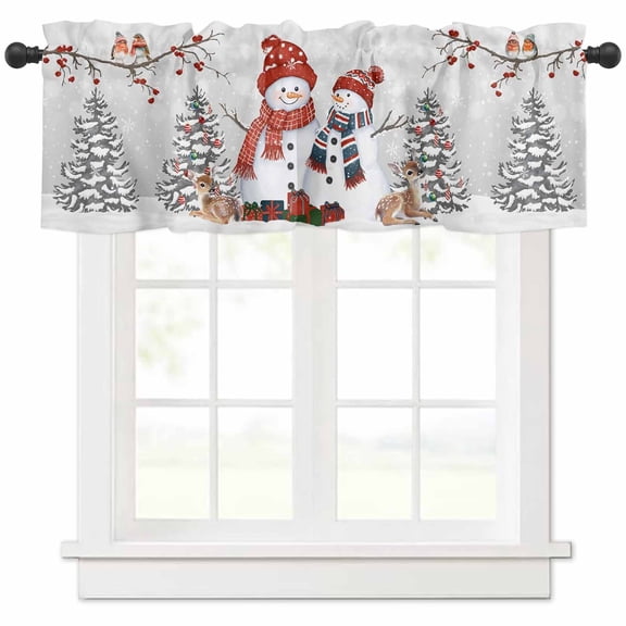 Christmas Valances for Windows, Red Xmas Snowman Pine Tree Deer Bird Snowing Grey Light Filtering Window Treatment Valances, Rod Pocket Small Curtains for Kitchen/Bathroom, 42"x18"