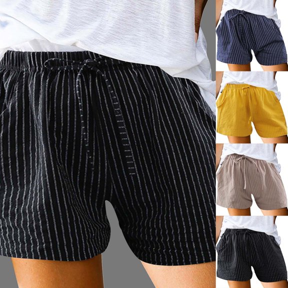 Trendfront Women's High Waisted Striped Graphic Print Shorts with Pockets Casual Summer Vacation Everyday Bottoms