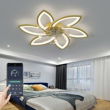 Eowynic 31-inch Flower Shape Modern Ceiling Fan with Lights Remote Control, 3 Color Led Light ,6 Speeds,Gold Ceiling Fan Lamp Fandelier for Kitchen Bedroom