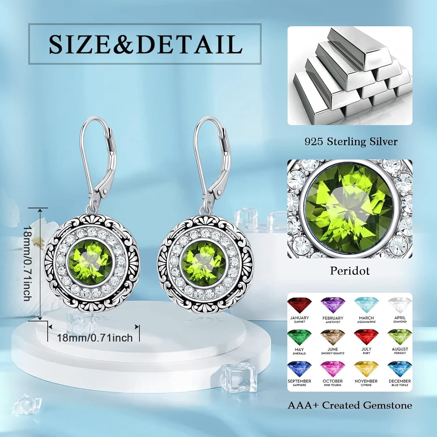 August Birthstone Earrings 925 Sterling Silver Created Peridot Dangle Drop Earrings for Women Birthday Anniversary Jewelry for Women