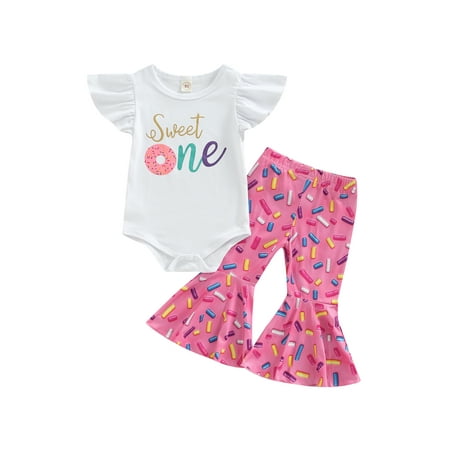 

Calsunbaby Infant Baby Girls 1st Birthday Clothes Cartoon Print Romper Tops Summer Spring Casual Bell-Bottom Pants Rose Red 12-18 Months