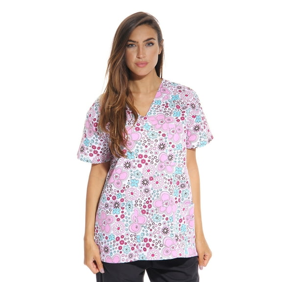 Just Love Women's Medical V-Neck Scrub Tops (White Flower, X-Small)