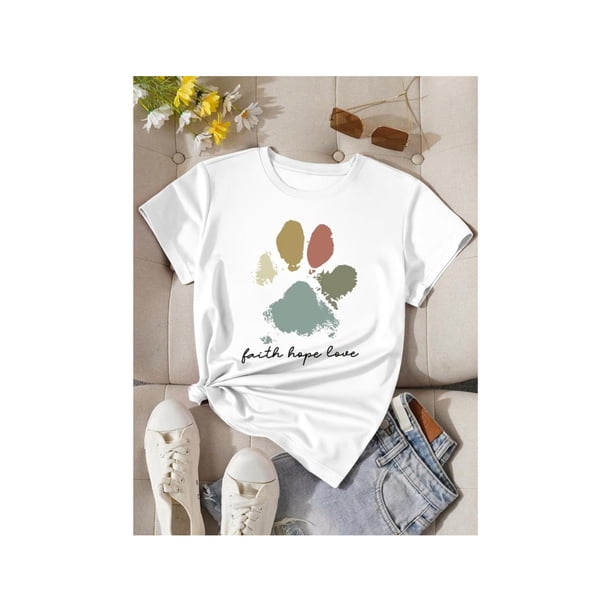 Women's Casual Crew Neck T-Shirt with Cartoon Dog Paw Print, Medium Stretch, Short Sleeve, Regular Fit, all Seasons - "Faith Hope Love" Graphic Tee
