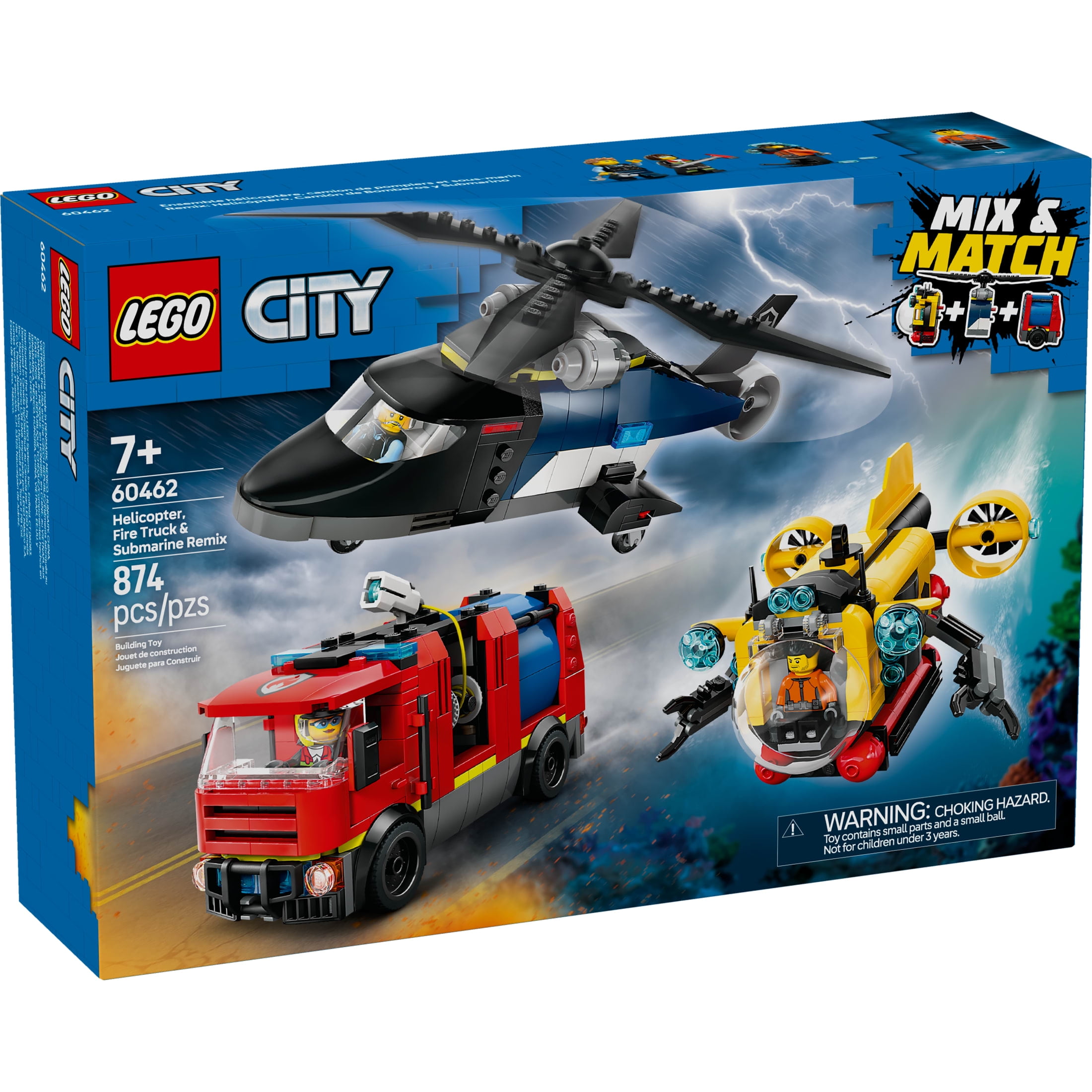 LEGO City Helicopter, Fire Truck & Submarine Remix Kids Toy - 3 Building Toys in 1 for Boys and Girls, Ages 7+ - Gift Idea for Birthdays and Holidays - with 3 Minifigures - 60462