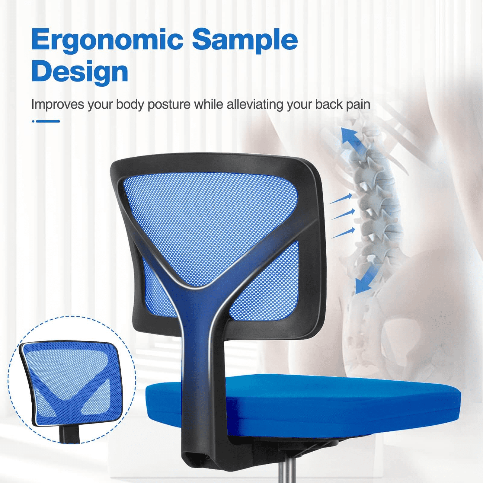 MAYEERTY Home Office Desk Chair, Armless Mesh Computer Chair Small Space Swivel Adjustable Low Back Task Chair for Teens/Adults, Blue