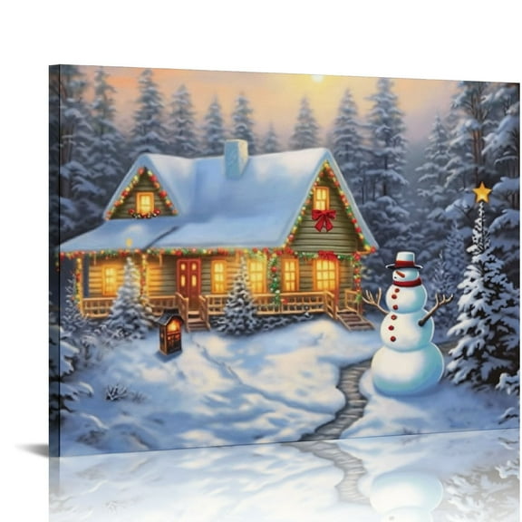Nawypu Christmas Canvas Wall Art Lighted Up Snowman in the Snow Canvas Print Xmas Wall Art Prints for Holiday Decor