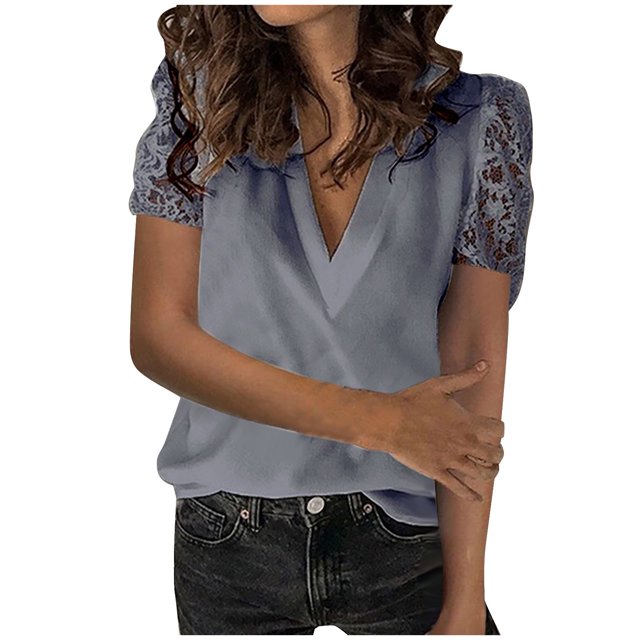 Leutsin Large Size Women Lace Solid Splicing Short Sleeve Slim Blouse V-Neck Tops Shirt