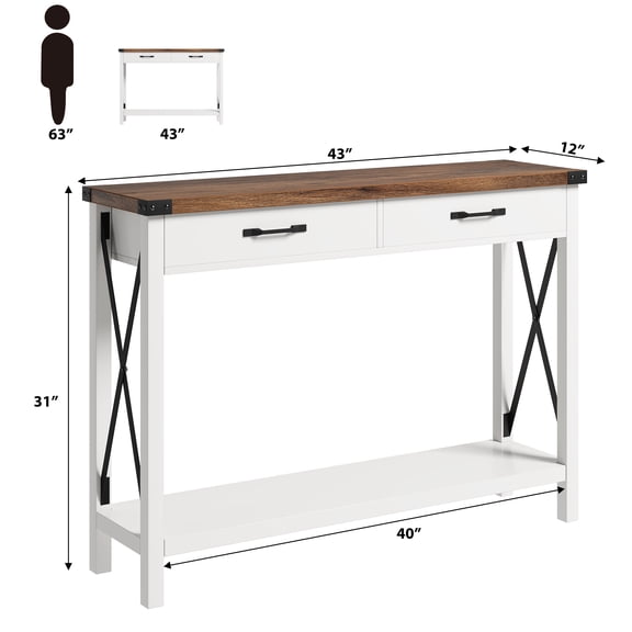 Modern Industrial 2-Tier Console Table with Drawers and Open Storage Shelf, Narrow Entryway or Sofa Table, Wood Accent for Living Room, Hallway, Foyer, White and Brown/Gray