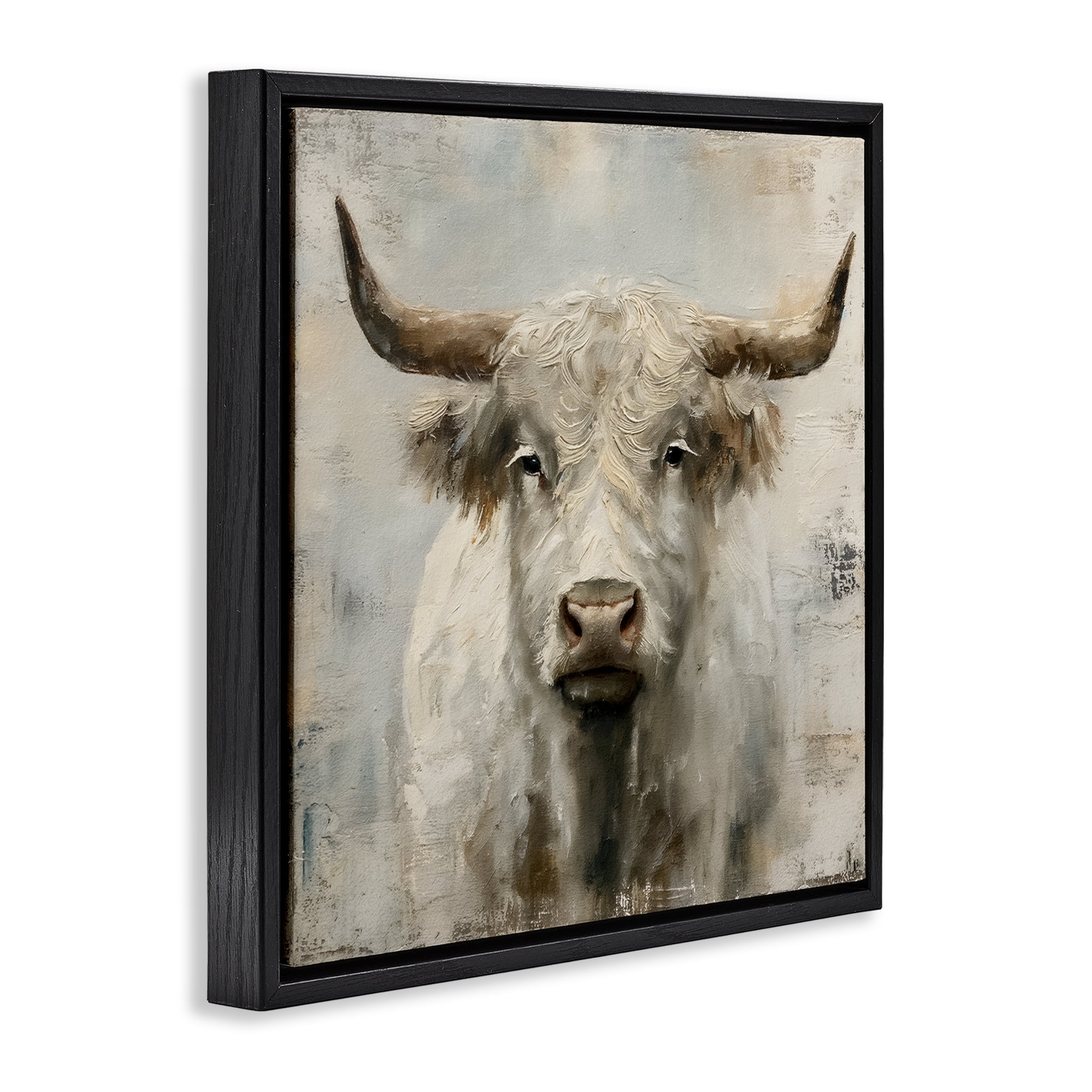 Stupell Industries Fluffy Longhorn Cattle Animals Painting Black Floater Framed Canvas Art Print Wall Art, 25 x 25
