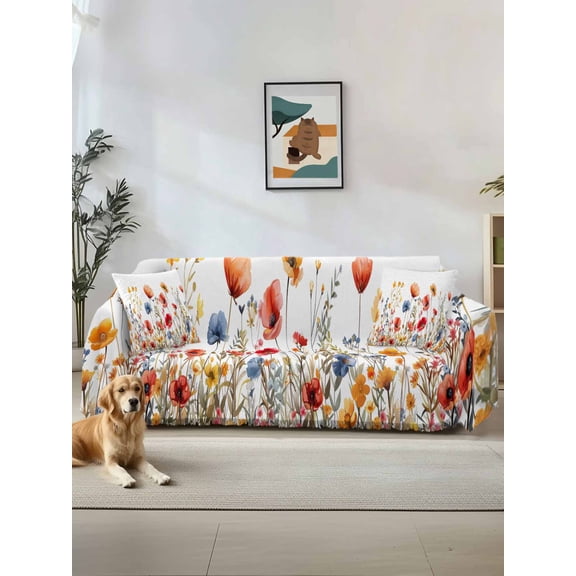 Yellow Red Blue Spring Floral Couch Cover, Summer Botanical Flowers Sofa Cover Blanket for Loveseat Couches, Sectional Sofa Slipcover Furniture Protector for Living Room Bedroom 71''x118''