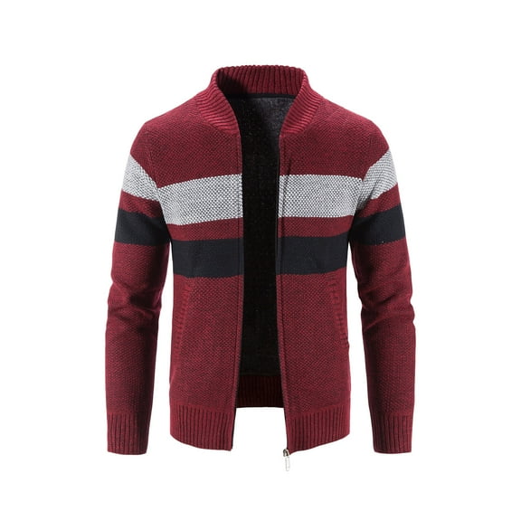 Fesfesfes Mens Sweater Winter Turtleneck Zipper Jacket Long Sleeve Stripe Knitted Sweater Top Outwear Coat Plus Size Clearance $10
