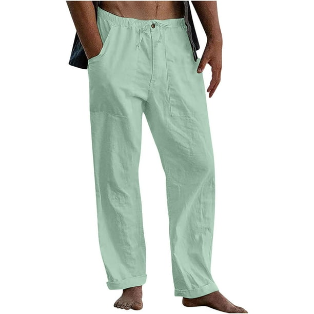 Pantalones de Lino de los Hombres con Cordón Elástico de Color Sólido Pantalones Sueltos 60% Algodón 40% Lino, Pantalones Casuales para el Verano