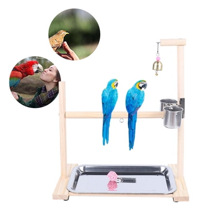 Bird Play Stands with Feeder Cups Dishes, Tabletop Parrot Shelf, Wood Playstand Wood Stainless Parrot Stand Bird Parrot Playstand Play GYM Training Perch Rack Parrot Bird Perch Table Top Stand