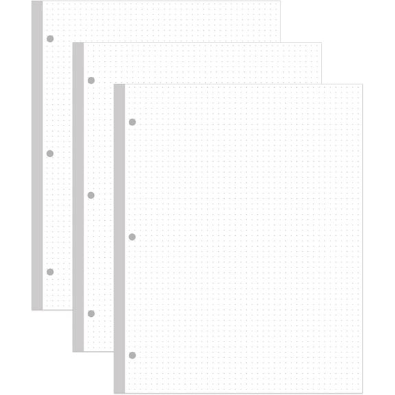 (3-Pack) 3-Hole Dotted Paper Refills, Letter Size Dot Grid Loose-Leaf Paper, 300Sheets/600Pages, 100gsm White Paper, 8.5'' x 11''
