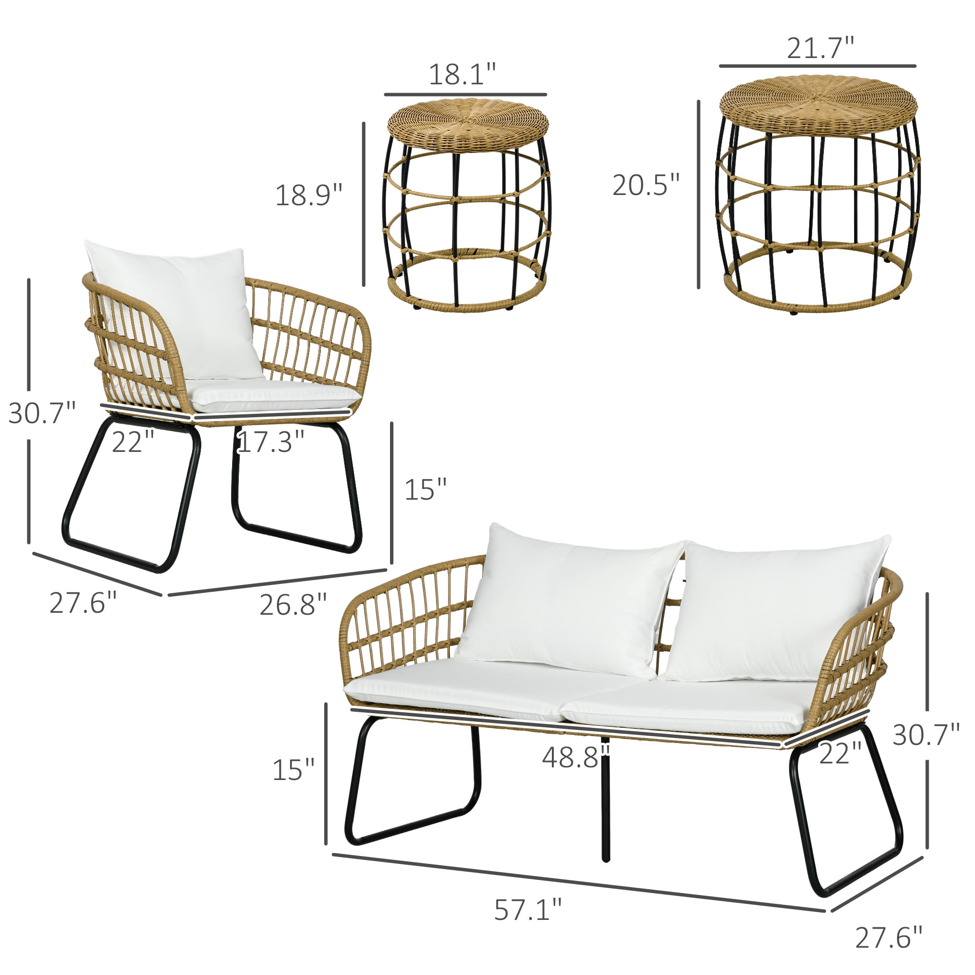 Outsunny 5 Piece PE Rattan Outdoor Furniture Set w/ Stacking Tables, White