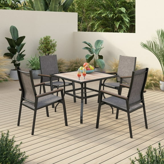 Sophia&William 5-Piece Outdoor Patio Dining Set Textilene Chairs & Wooden-like Table Furniture Set, Gray
