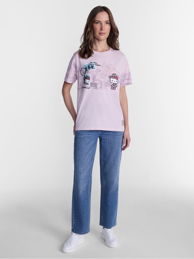 Hello Kitty Women's Printed Embroidered Tee with Short Sleeves